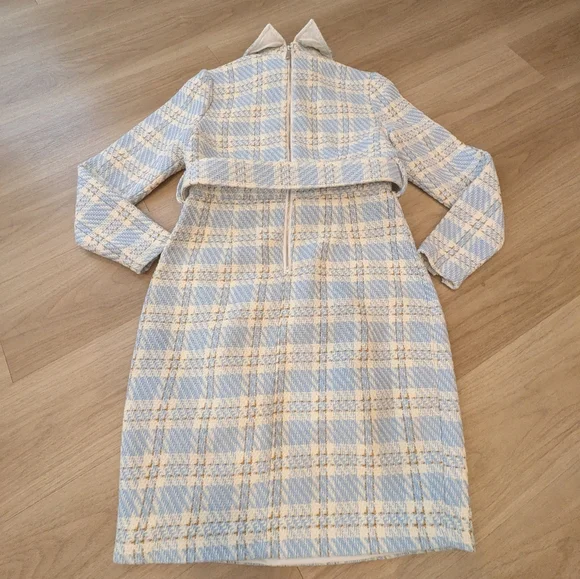 Ivy City - White Blue Plaid Long Sleeve Dress with Belt And Pearl Buttons - Picture 6 of 6